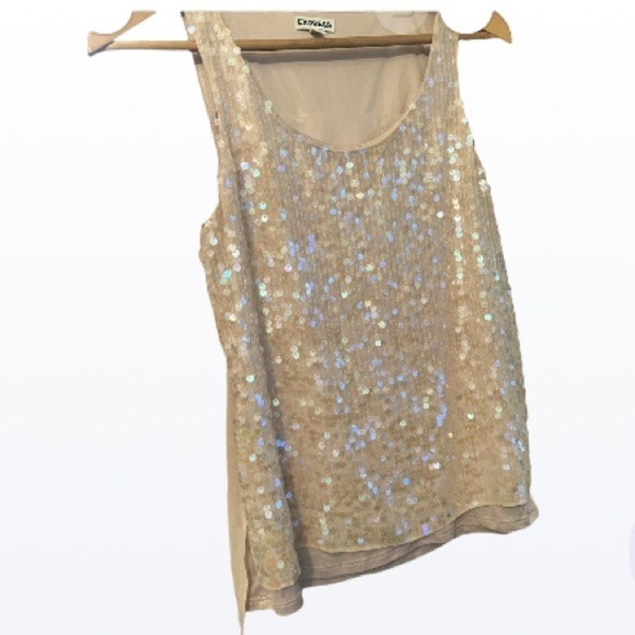 Vintage 90s Y2K Express Sequin Knit Tank Top Sz XS Cami Fairy Mermaidcore Cream - Picture 4 of 12